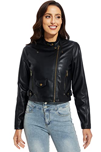 Fahsyee Faux Leather Jacket Women - Black Motorcycle Cropped Short Coat Moto Biker Blazer Slim Size Casual Soft Jackets Fashion M