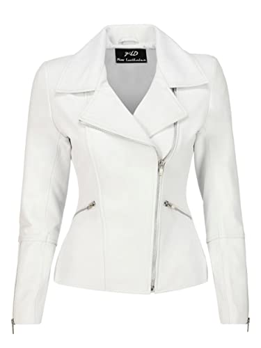 Jild Women's Asymmetrical Zip-Up Real Lambskin Leather Motorcycle Jacket - Casual Fashion Moto Biker Leather Jacket Women (BW-Wht-XL)