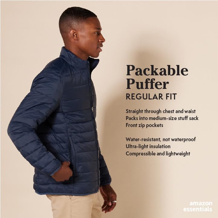 Amazon Essentials Men's Packable Lightweight Water-Resistant Puffer Jacket (Available in Big & Tall), Black, Large