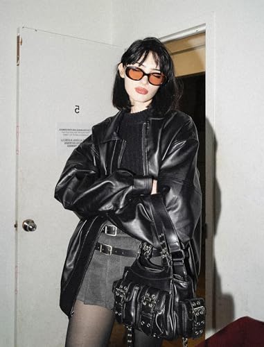 Aelfric Eden Womens Faux Leather Jacket Y2k Motorcycle Bomber Jackets Oversized Moto Jacket Streetwear Black