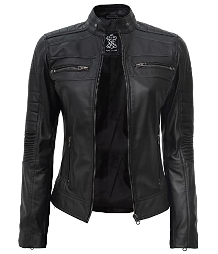 Blingsoul Lambskin Black Leather Jackets For Women | [1313723] Cafe Racer Black, M