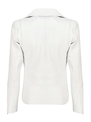 Jild Women's Asymmetrical Zip-Up Real Lambskin Leather Motorcycle Jacket - Casual Fashion Moto Biker Leather Jacket Women (BW-Wht-XL)