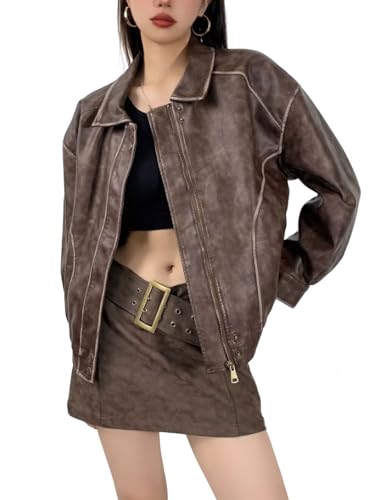 chouyatou Women's Fall Distressed Faux Leather Bomber Jacket Motorcycle Oversized Leather Jacket (Large, Brown)