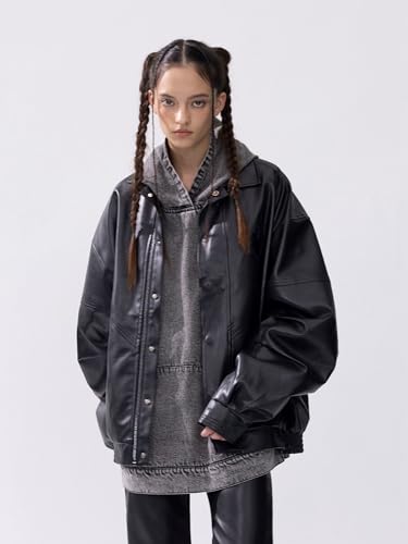 Aelfric Eden Womens Faux Leather Jacket Y2k Motorcycle Bomber Jackets Oversized Moto Jacket Streetwear Black