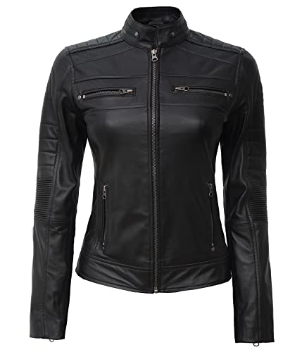 Blingsoul Lambskin Black Leather Jackets For Women | [1313723] Cafe Racer Black, M