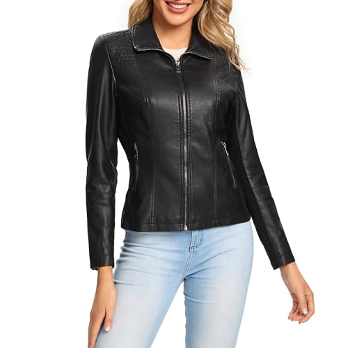 S P Y M Womens Faux Leather Jacket, Casual Fashion Quilted Zip Up Suede Coat With Elastic Rib