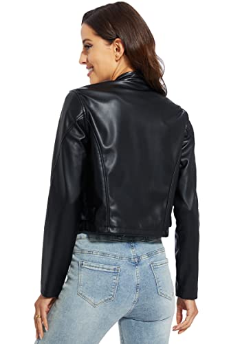 Fahsyee Faux Leather Jacket Women - Black Motorcycle Cropped Short Coat Moto Biker Blazer Slim Size Casual Soft Jackets Fashion M