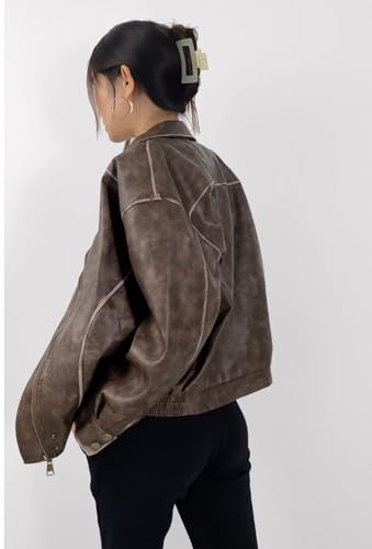 chouyatou Women's Fall Distressed Faux Leather Bomber Jacket Motorcycle Oversized Leather Jacket (Large, Brown)