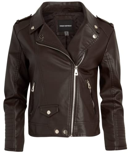 URBAN REPUBLIC Women's Leather Jackets, Faux Motorcycle Moto Biker Coat Short Lightweight Vegan Pleather Fashion, Size Large, Solid Brown