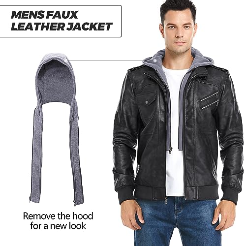 JYG Men's Faux Leather Jacket Stand Collar Motorcycle Bomber Jackets with Removable Hood (Black,M)