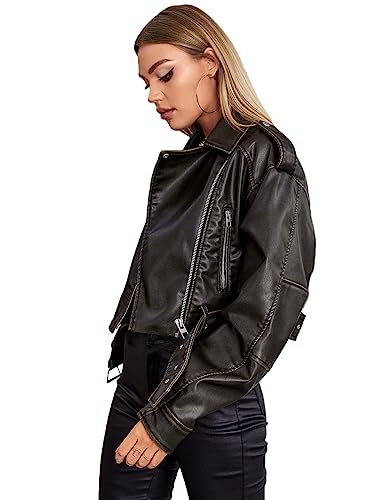 LY VAREY LIN Women Faux Leather Cropped Jacket Lapel Zipper Biker Short Coat with Belt