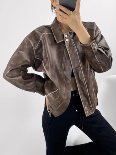 chouyatou Women's Fall Distressed Faux Leather Bomber Jacket Motorcycle Oversized Leather Jacket (Large, Brown)