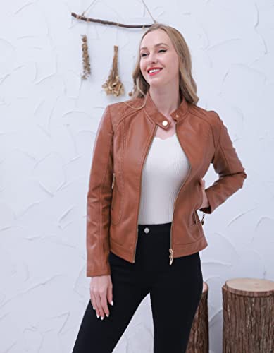 Women's Trendy Faux Leather Jacket Moto Short Jacket Fashion PU Jacket Coat (XL, Brown)