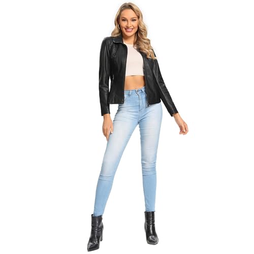 S P Y M Womens Faux Leather Jacket, Casual Fashion Quilted Zip Up Suede Coat With Elastic Rib