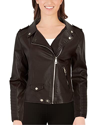 URBAN REPUBLIC Women's Leather Jackets, Faux Motorcycle Moto Biker Coat Short Lightweight Vegan Pleather Fashion, Size Large, Solid Brown