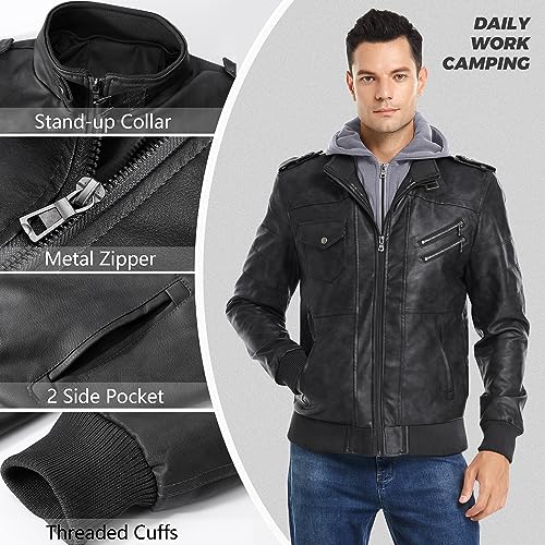JYG Men's Faux Leather Jacket Stand Collar Motorcycle Bomber Jackets with Removable Hood (Black,M)