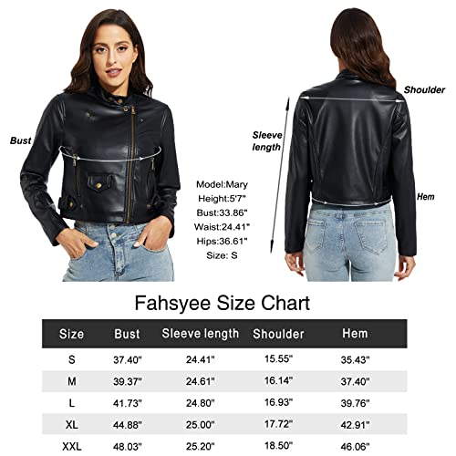 Fahsyee Faux Leather Jacket Women - Black Motorcycle Cropped Short Coat Moto Biker Blazer Slim Size Casual Soft Jackets Fashion M