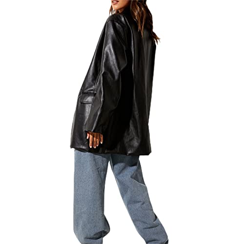 Kaipiclos Women Leather Jacket Oversized Lapel Button Front PU Faux Leather Blazer Shacket Jackets Fall Winter Trench Coat (Leather Jackets Black, M)