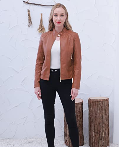 Women's Trendy Faux Leather Jacket Moto Short Jacket Fashion PU Jacket Coat (XL, Brown)