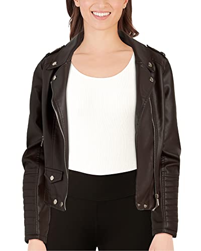 URBAN REPUBLIC Women's Leather Jackets, Faux Motorcycle Moto Biker Coat Short Lightweight Vegan Pleather Fashion, Size Large, Solid Brown