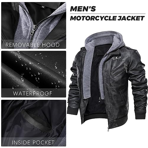 JYG Men's Faux Leather Jacket Stand Collar Motorcycle Bomber Jackets with Removable Hood (Black,M)