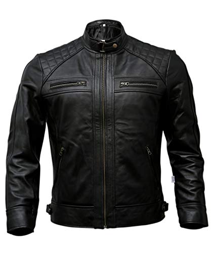 Mens Genuine Leather Biker Jacket Black | Vintage Brown Distressed Lambskin Motorcycle Jackets for Men (Medium, Black)
