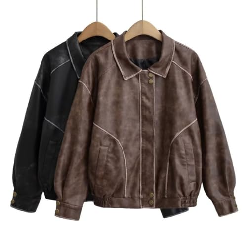 chouyatou Women's Fall Distressed Faux Leather Bomber Jacket Motorcycle Oversized Leather Jacket (Large, Brown)