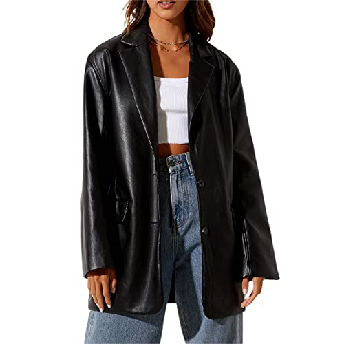 Kaipiclos Women Leather Jacket Oversized Lapel Button Front PU Faux Leather Blazer Shacket Jackets Fall Winter Trench Coat (Leather Jackets Black, M)