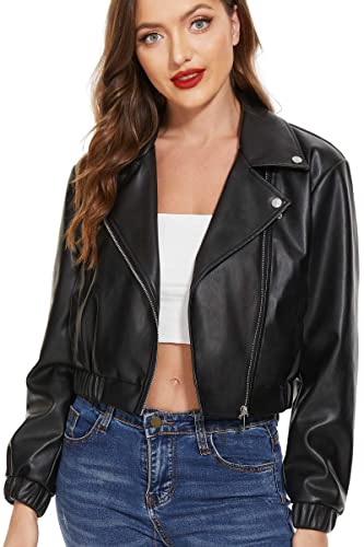 Fahsyee Faux Leather Jacket Women - Black Motorcycle Short Coat Moto Biker Blazer Plus Size Casual Pleather Jackets Fashion M