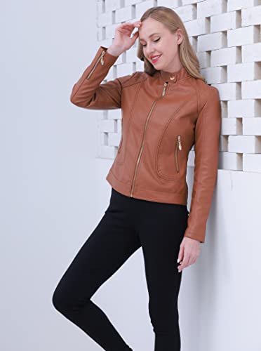 Women's Trendy Faux Leather Jacket Moto Short Jacket Fashion PU Jacket Coat (XL, Brown)