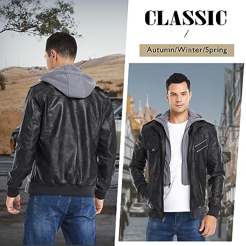 JYG Men's Faux Leather Jacket Stand Collar Motorcycle Bomber Jackets with Removable Hood (Black,M)