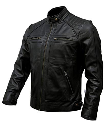 Mens Genuine Leather Biker Jacket Black | Vintage Brown Distressed Lambskin Motorcycle Jackets for Men (Medium, Black)