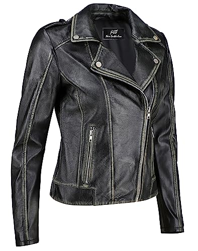 Jild Biker Style Vintage Leather Jacket Women - Casual Fashion Motorcycle Zip-Up Lightweight Coat Collar Women Leather Jacket (Black-M)