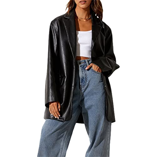 Kaipiclos Women Leather Jacket Oversized Lapel Button Front PU Faux Leather Blazer Shacket Jackets Fall Winter Trench Coat (Leather Jackets Black, M)