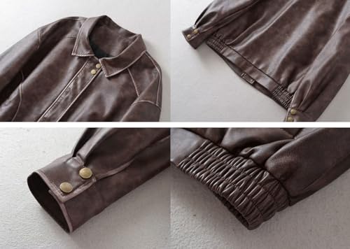 chouyatou Women's Fall Distressed Faux Leather Bomber Jacket Motorcycle Oversized Leather Jacket (Large, Brown)