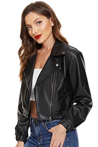 Fahsyee Faux Leather Jacket Women - Black Motorcycle Short Coat Moto Biker Blazer Plus Size Casual Pleather Jackets Fashion M