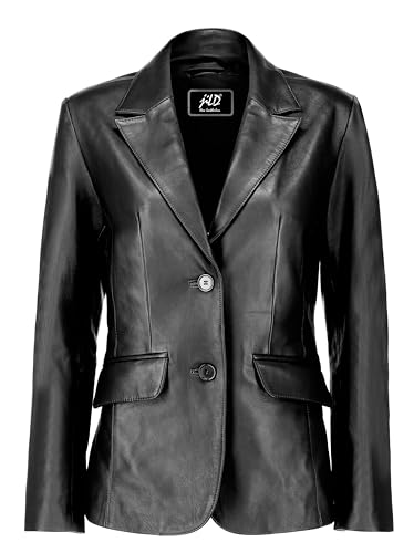 Jild Classic 2-Button Lambskin Leather Blazer Women - Casual Coat Long Sleeves Suit Style Leather Jacket Women (LC-BLK-XL)