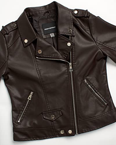 URBAN REPUBLIC Women's Leather Jackets, Faux Motorcycle Moto Biker Coat Short Lightweight Vegan Pleather Fashion, Size Large, Solid Brown