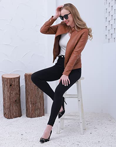Women's Trendy Faux Leather Jacket Moto Short Jacket Fashion PU Jacket Coat (XL, Brown)