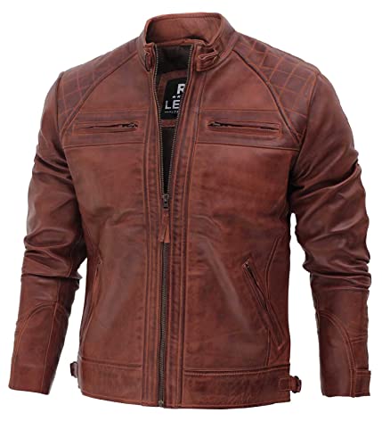 fjackets Real Lambskin Leather Biker Jacket — Quilted Cafe Racer Zip Up Moto Leather Jacket Men | [1100083] Johnson Brown, M