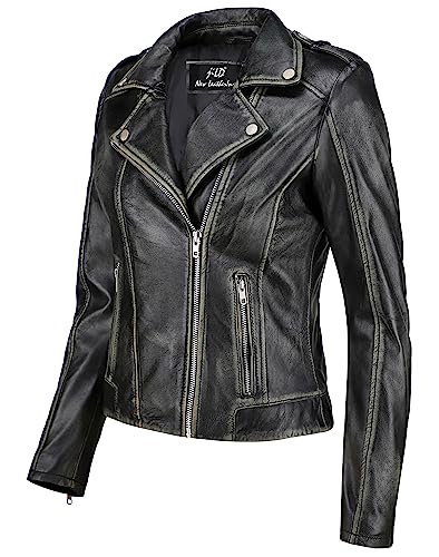 Jild Biker Style Vintage Leather Jacket Women - Casual Fashion Motorcycle Zip-Up Lightweight Coat Collar Women Leather Jacket (Black-M)