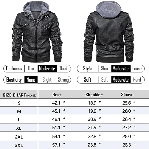 JYG Men's Faux Leather Jacket Stand Collar Motorcycle Bomber Jackets with Removable Hood (Black,M)