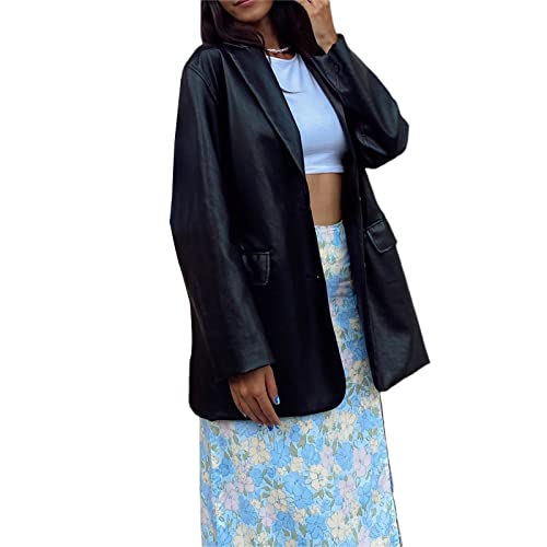 Kaipiclos Women Leather Jacket Oversized Lapel Button Front PU Faux Leather Blazer Shacket Jackets Fall Winter Trench Coat (Leather Jackets Black, M)