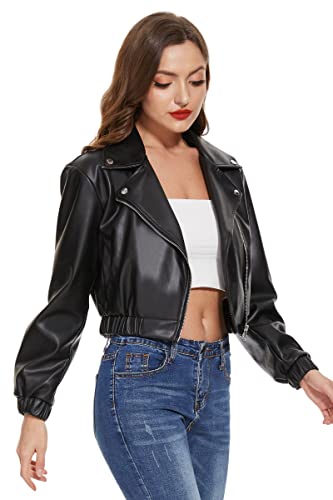 Fahsyee Faux Leather Jacket Women - Black Motorcycle Short Coat Moto Biker Blazer Plus Size Casual Pleather Jackets Fashion M