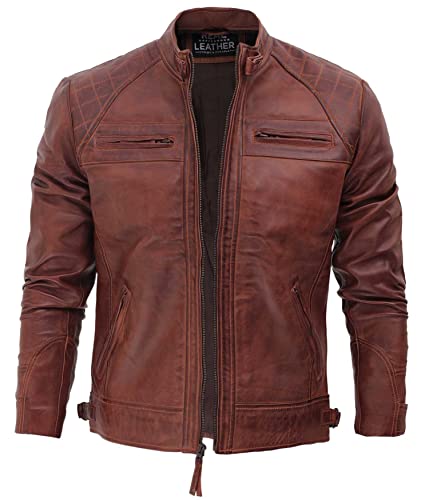 fjackets Real Lambskin Leather Biker Jacket — Quilted Cafe Racer Zip Up Moto Leather Jacket Men | [1100083] Johnson Brown, M