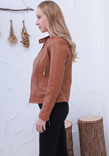 Women's Trendy Faux Leather Jacket Moto Short Jacket Fashion PU Jacket Coat (XL, Brown)
