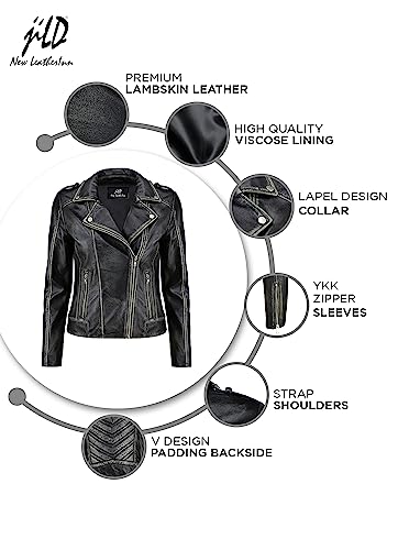 Jild Biker Style Vintage Leather Jacket Women - Casual Fashion Motorcycle Zip-Up Lightweight Coat Collar Women Leather Jacket (Black-M)