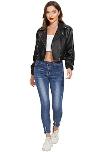 Fahsyee Faux Leather Jacket Women - Black Motorcycle Short Coat Moto Biker Blazer Plus Size Casual Pleather Jackets Fashion M