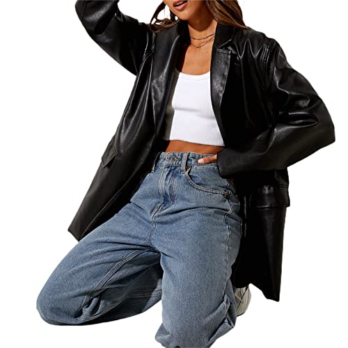Kaipiclos Women Leather Jacket Oversized Lapel Button Front PU Faux Leather Blazer Shacket Jackets Fall Winter Trench Coat (Leather Jackets Black, M)