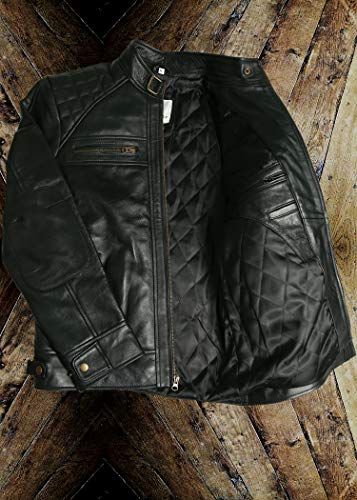 Mens Genuine Leather Biker Jacket Black | Vintage Brown Distressed Lambskin Motorcycle Jackets for Men (Medium, Black)